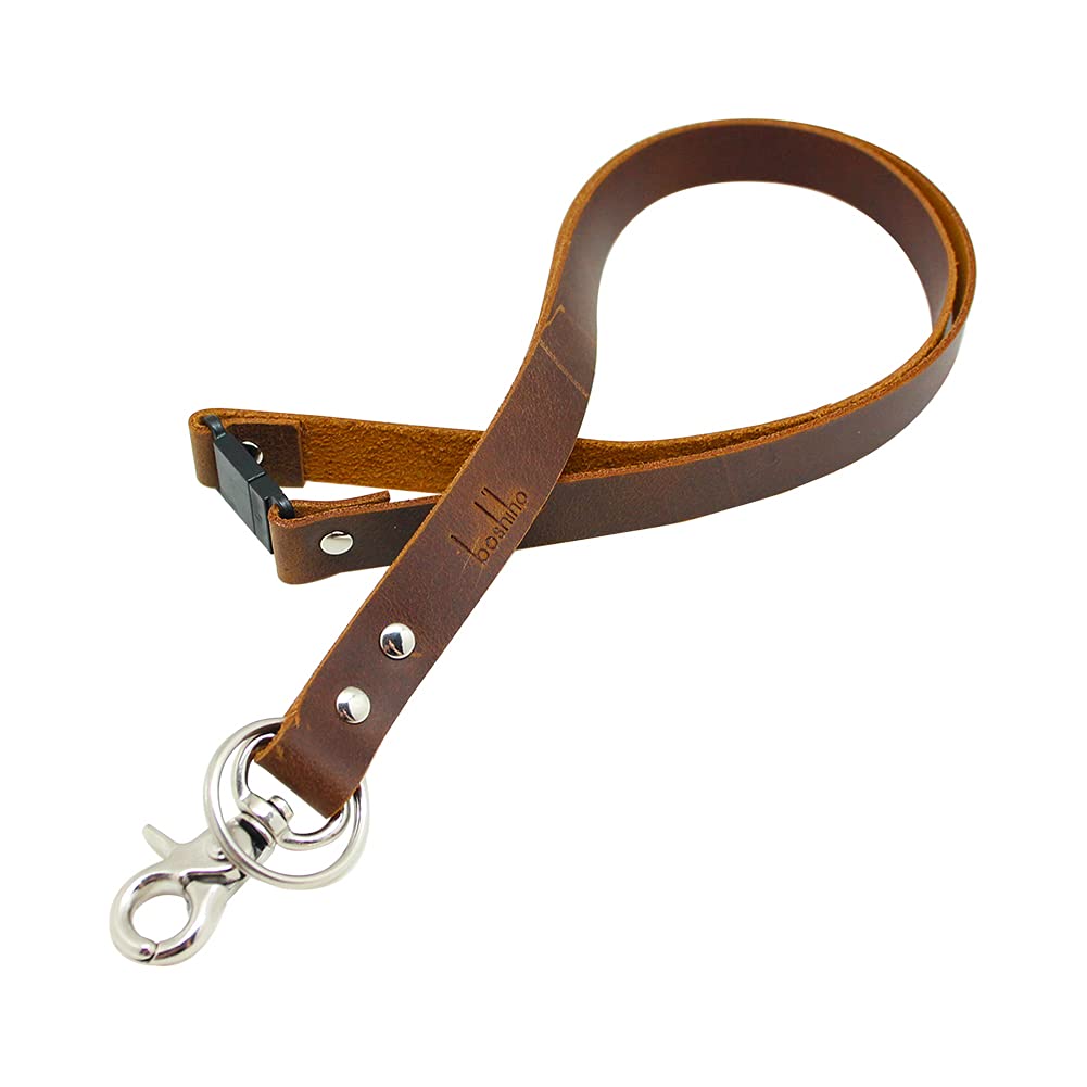Boshiho Keychain Lanyard - Cowhide Leather Neck Lanyard with Metal Clasp for ID Badge Holder Keys, USB, Cell Phone etc (Dark brown B)