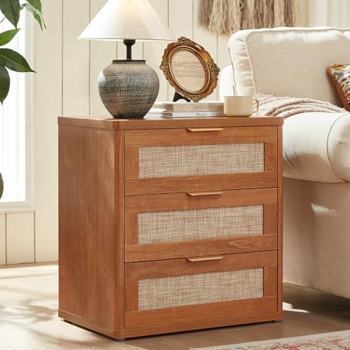 Image of LEYAOYAO Rattan Night Stand Set of 2 with Drawers, 23 inch Large 3 Drawer Boho Nightstand, Natural Wood Bedside Table Storage Cabinet, Bed Side End Tables Dresser for Bedroom, Living Room, Hallway, Closet
