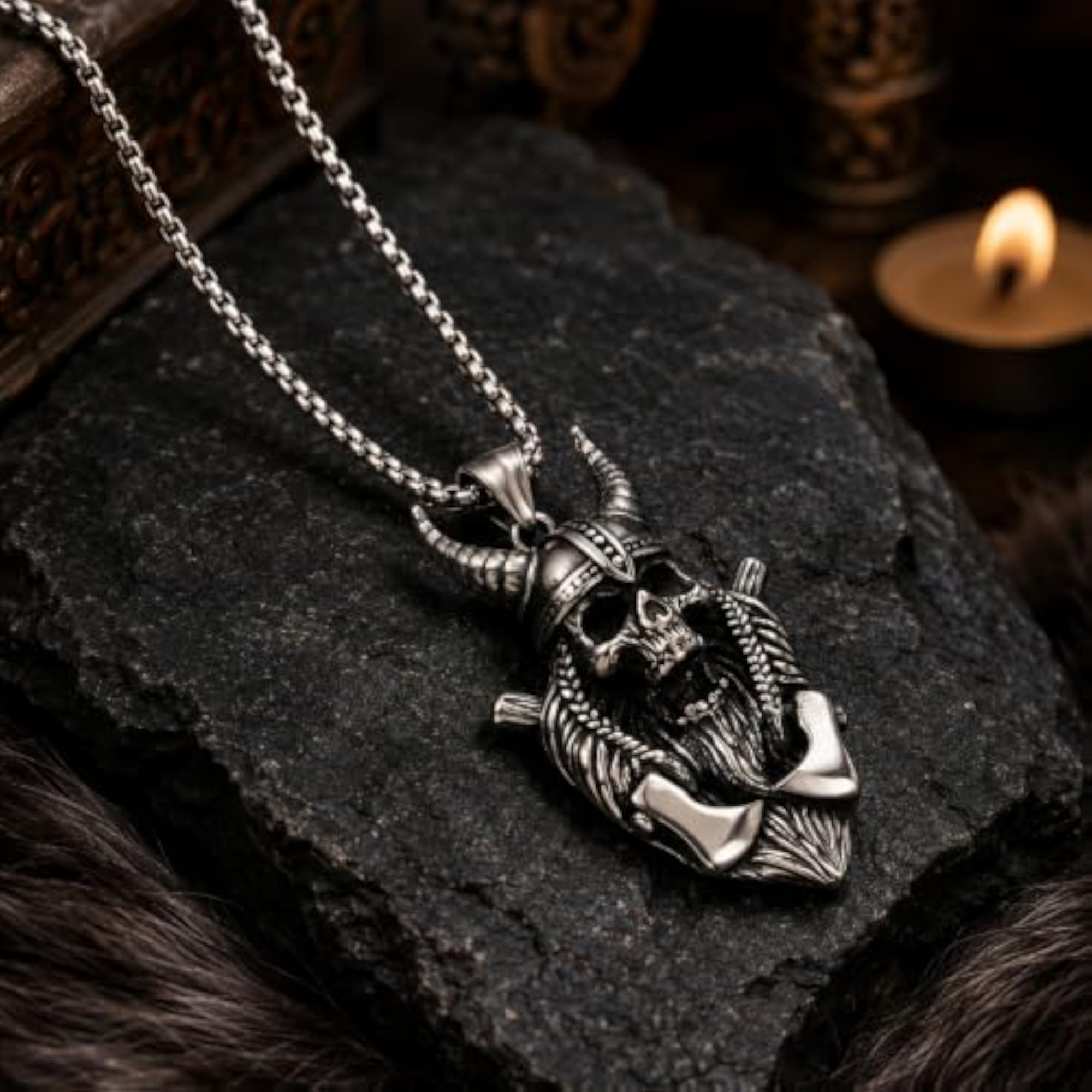 Men's Viking Skull Pendant Necklace, Gothic Biker Chain