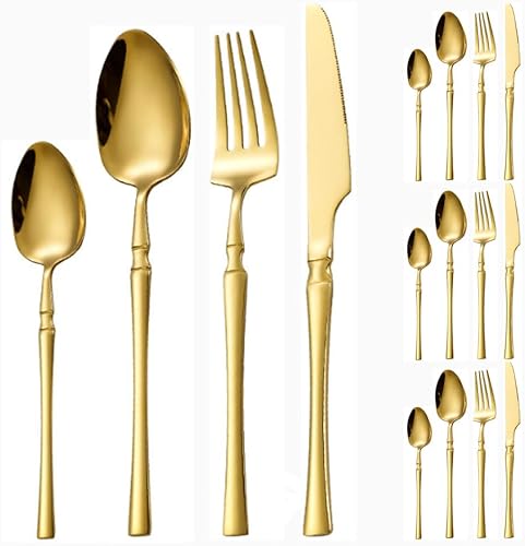 Juego de 16 cubiertos de acero inoxidable con mango de cintura pequeña, cubiertos de acero inoxidable, cuchillos, tenedores, cucharas para 4