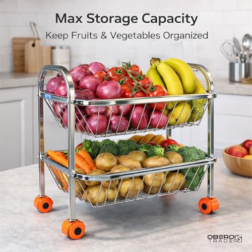 Image of OBEROI'S TRADERS Stainless Steel Vegetable & Fruit Storage Rack with Wheels, Kitchen Storage Basket Organizer, Rust Proof Stand for Onion, Potato, Fruits & Vegetables Trolley (2 Rack)