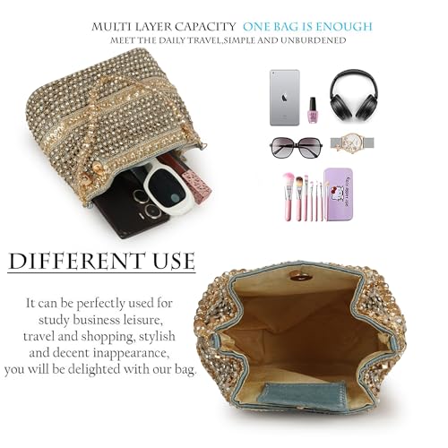 Image of Nevis Silk Fabric Premium Pearl & Crystal Embroidered Potli Bag for Women | Ethnic Bridal Clutch with Golden Handle | Party & Wedding | Potli Bag