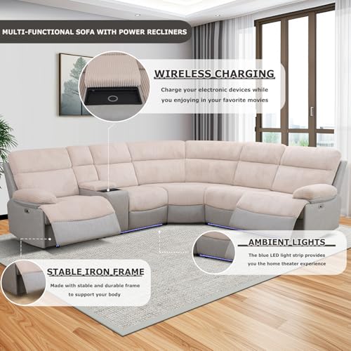 Image of Power Recliner Sectional Sofa, Beige & Grey Plush Sofa, Sectional Couch with Storage Console, Reclining Living Room Sofa with USB /LED Lights