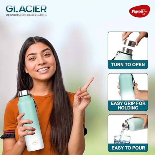 Image of Pigeon by Stovekraft Glacier 1000 ml Vacuum Wide Mouth Bottle, Hot & Cold Retention & Leak Proof (Teal Blue)