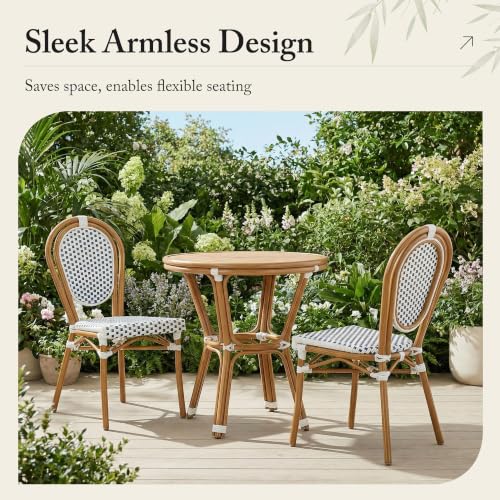 Image of PURPLE LEAF Patio Dining Chair Set of 4 Outdoor French Aluminium Frame in Bamboo Finish with Sky Blue & White Woven Rattan for Indoor Kitchen Deck Bistros Cafe Restaurant
