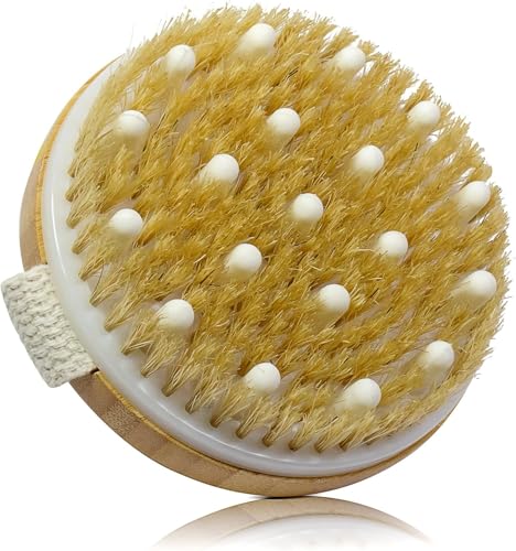 Image of KIMEE Premium Wooden Bath Brush with Massaging Nodes | Body Scrubber for Wet & Dry Brushing | Natural Bristles for Exfoliation, Dead Skin Removal & Back Cleaning | Suitable for Men & Women