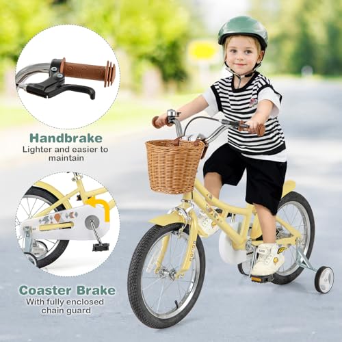 Image of BABY JOY Retro Kids Bike, 12 14 16 18 Inch Child Bike for 3-8 Years Old w /Rattan Basket, Adjustable Height, Training Wheels, Fenders, Handbrake Coaster Brake, 95% Pre-Assembled Kids Bicycle for Girls