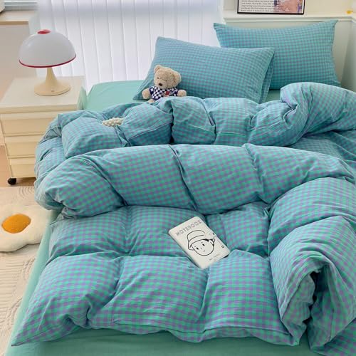 Image of LifeTB Queen Comforter Set Green Gingham Bedding Comforter with 2 Pillowcases Vintage Plaid Checkered Comforter Set Green Purple Plaid Grid Bed Comforter Fluffy Soft Gingham Bedding Set Queen