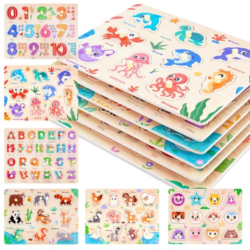 Toddler Puzzles Montessori Toys for 3 4 5 Years Old, 6 PCS Wooden Puzzles for Kids Ages 4-6 - Learning Alphabet, Numbers, Shapes and Animals, Educational Toys Puzzle Gifts for Girls Boys