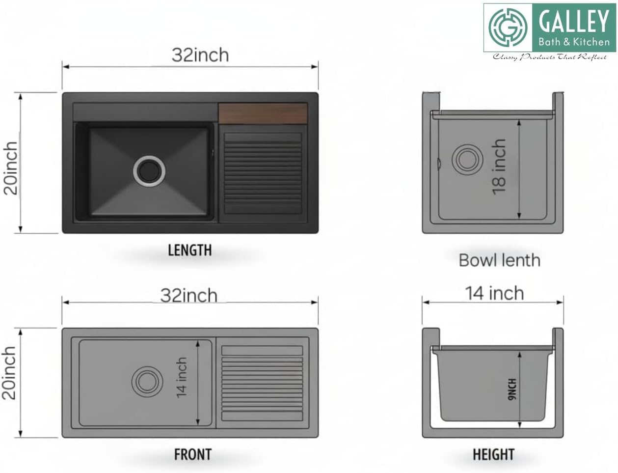 Galley Kitchen Sink for Laundry Balcony Household Use 32x20 Inch Black Color Granite Sink | Laundry Sink with Washboard One-Piece Large Made Kitchen Sink | Washboard, Grid Drain, for Laundry Balcony