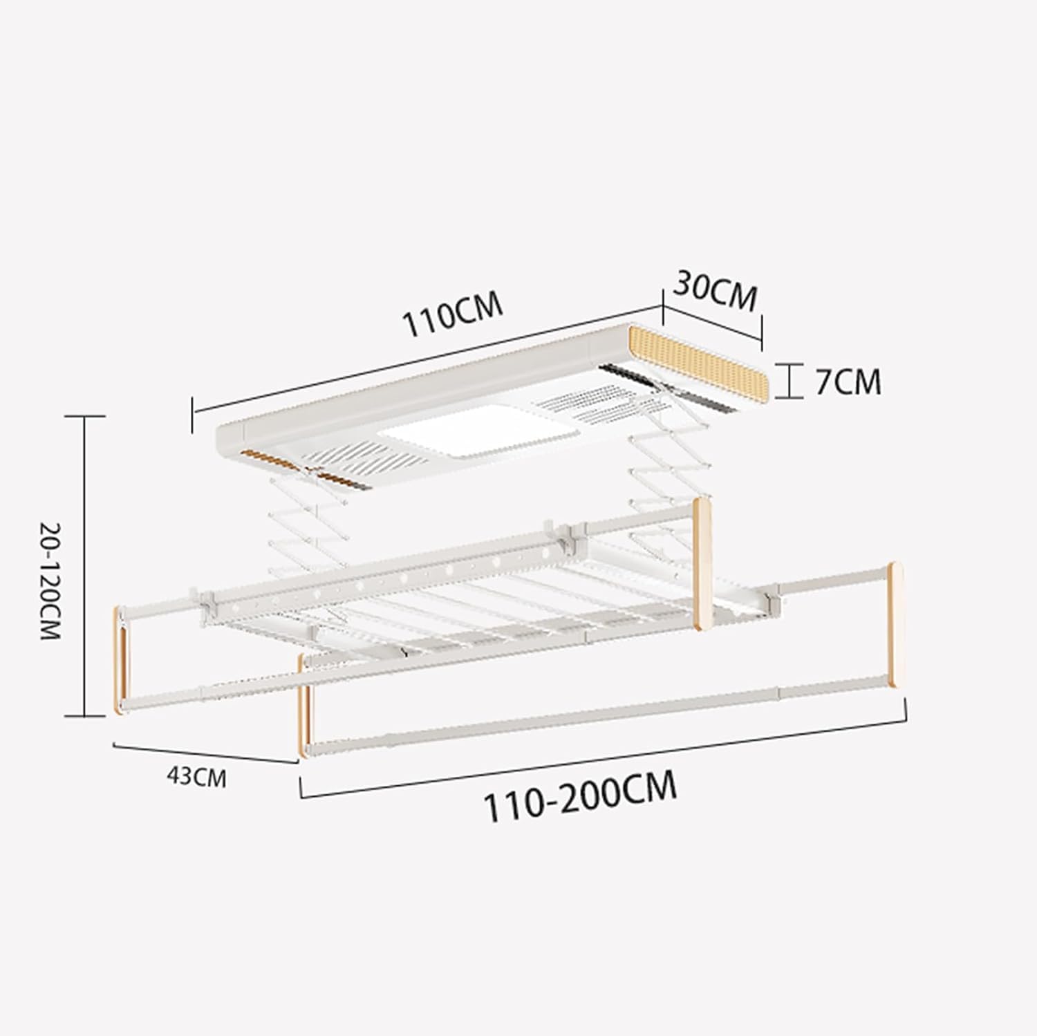 Suszarka elektryczna do ubrań montowana na suficie – stop aluminium, konstrukcja oszczędzająca miejsce, wydajna suszarka do ubrań o wymiarach 110 x 30 cm, zapewniająca szybk