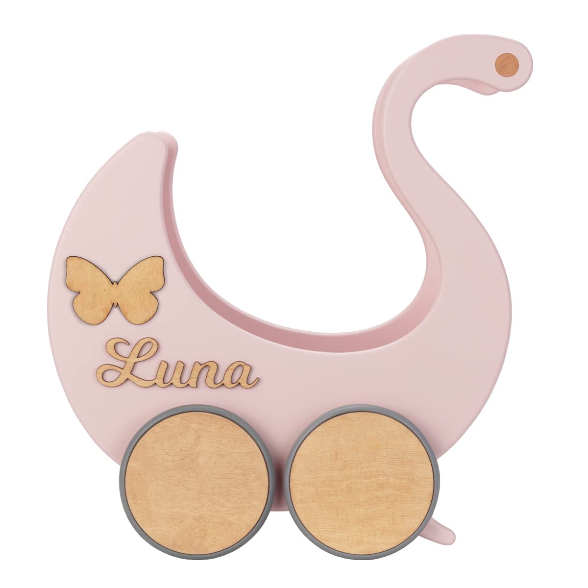 Puppenwagen ab 1 Jahr - Individuell mit Namen - Handgefertigter Puppenwagen - Holzpuppenwagen - Sicher Abgerundete Kanten - Ausdrucksstarke und Schöne Farben (Puderrosa)