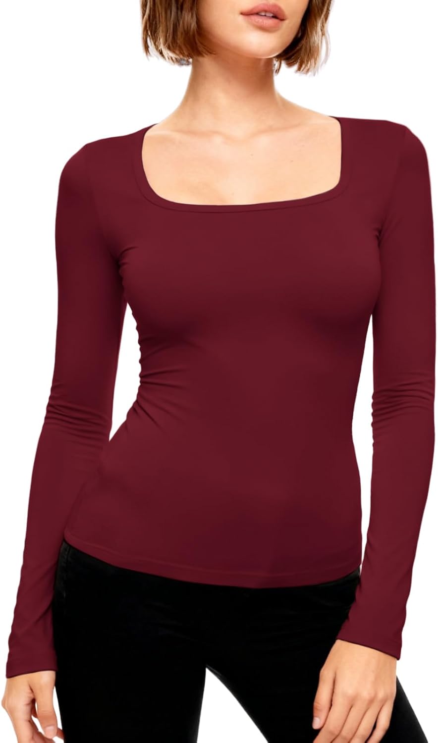 Women’s Square Neck Long Sleeve Tops Slim Fit Basic Tee Soft Stretchy Yoga Shirt Going Out Bodysuit Style - Image 7