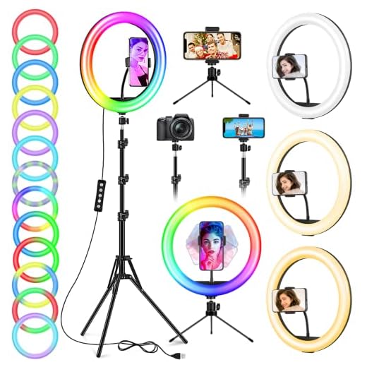 12.6'' Ring Light with Stand and Phone Holder: Totally 74" Tall Led Ringlight Tripod with 40 Color Modes, Floor and Desktop Stand with Circle Lights for iPhone Phone Makeup Video Meeting Live Stream