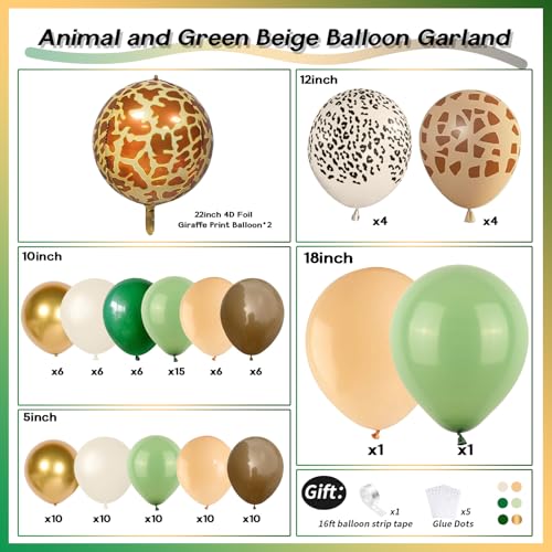 Image of Jungle Safari Balloon Arch Garland Kit, Olive Sage Green Brown Beige with Animal Print Wild One Ballons, Giraffe Leopard Balloon for 1st Birthday Baby Shower Woodland Jungle Safari Party Decorations