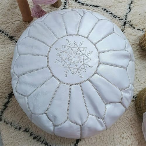 Moroccan Style Puf de Cuero marroquí, Hecho a Mano, Cómodo reposapiés otomano - 100% Piel Natural de Cabra (Color Blanco - con Relleno)