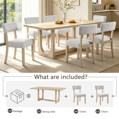 Image of KEIKI 7-Piece Standard Height Dining Table Set with Rectangular Table, 6 Upholstered Curved Backrset Chair, for 6 Person, Modern Style Table Set, Easy Assembly, for Kitchen, Dining Room, Light Oak