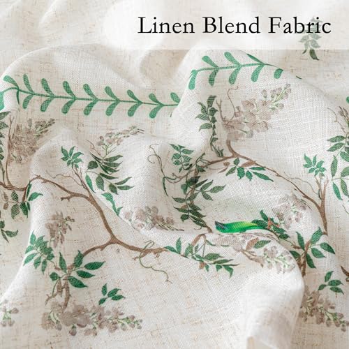 Image of MYSKY HOME Boho Curtains for Bedroom 63 Inch Long Linen Blended Semi Sheer Back Tab Drapes Leaf Bird Bohemian Style Texture Window Treatment for Living Room Decoration, 2 Pcs, Green, 50 inch Wide