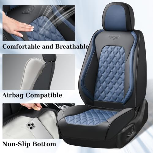 Image of Coverado Universal Car Seat Covers Full Set, Sporty Non-Slip Waterproof Faux Leather Front & Rear Seat Protectors for Trucks SUVs, Mens Automotive Interior - BlackBlue