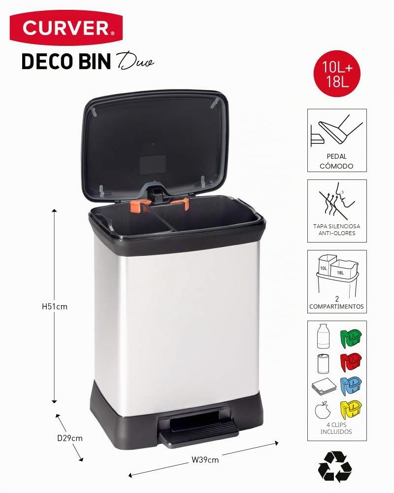 Curver - Cubo de basura Deco Duo con pedal, 2 cubetas 10+18L, acabado color acero