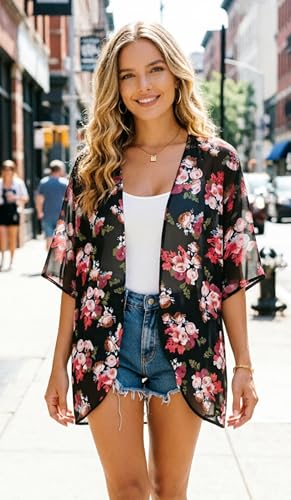 Image of FINOCEANS Womens Floral Chiffon Kimono Cardigans Loose Beach Cover Up Half Sleeve Tops