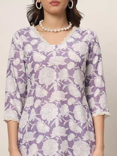 Image of FIORRA Women's Lavender Cotton Blend Printed Tunic with Pant Co-ords Set