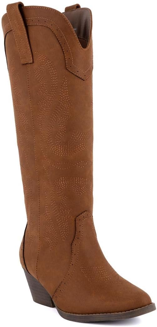 Sugar Women’s Tall Boots – Knee-High Vegan Leather Riding Boots with Pull-On/Side Zipper Entry, Decorative Straps, and Block Heel