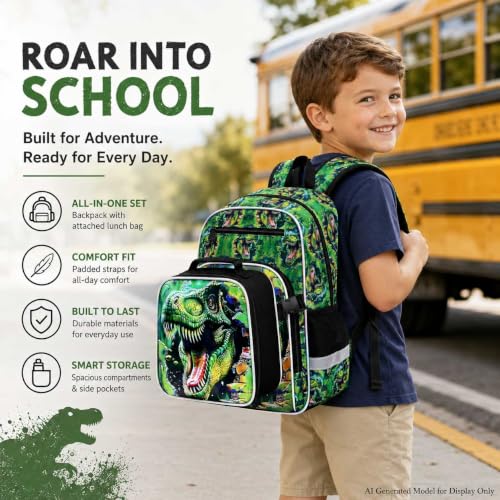 Image of 3Pcs Dinosaur Backpack for Boys, 16 inch Kids Bookbag for Elementary Preschool Kindergarten, School Backpacks with Lunch Box (Green)