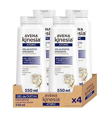 Avena Kinesia - Gel de Baño Emoliente Sin Alcohol para Piel Sensible y Atópica, Fórmula Hipoalergénica con Avena 100% Natural - Pack de 4 x 550 ml