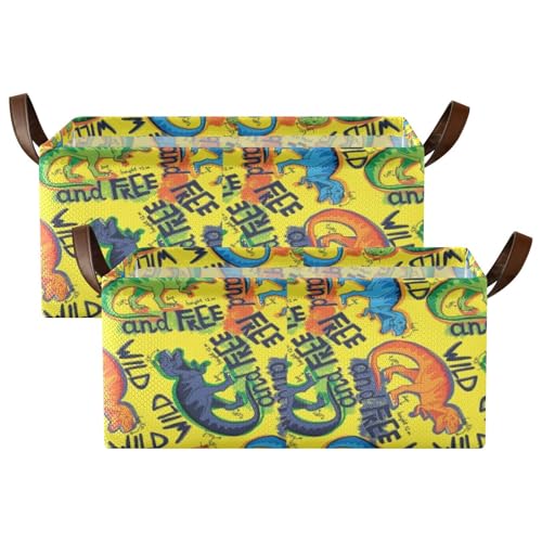 Fygkptb Seamless Colorful Dinosaurs Blue Orange Green Dinosaurs on Yellow 2 PC Rectangle Foldable Frame Basket Leather Handles Storage Bin for Laundry Bathroom Organizer 16.9 x 11.4 x 7.7 inch