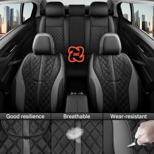 Image of Coverado Car Seat Covers Full Set, Luxury Diamond-Pattern Leather Seat Covers & Carbon Fiber, Waterproof Car Seat Protector, 5 Seats Automotive Seat Covers Universal Fit for Most Cars, BlackGray