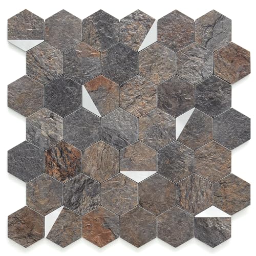 DICOFUN 10-Sheet 12"x12" Rust Slate Hexagon Tile Peel and Stick Backsplash, PVC Mixed Silver Metal Mosaic Tiles for Kitchen and Bathroom