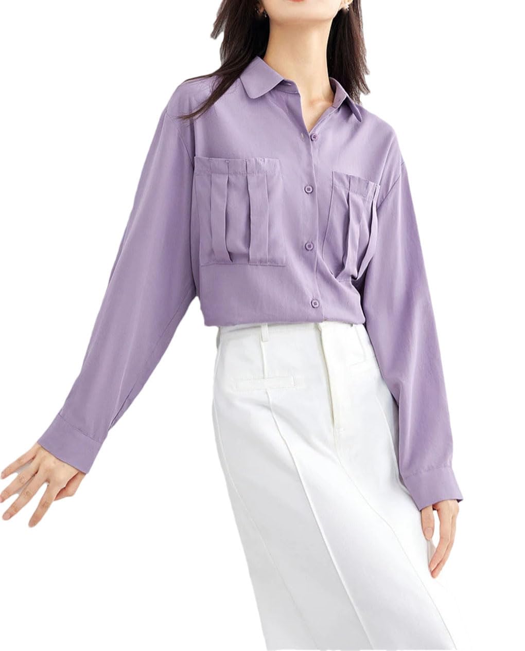 Camisa para mujer con botones de solapa, lisa, casual, holgada, con bolsillo, oficina, trabajo, negocios