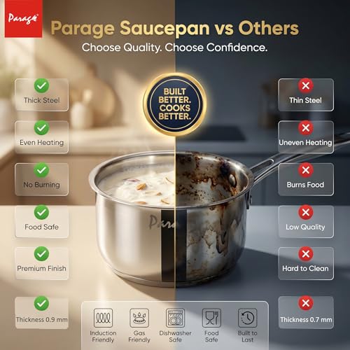 Image of Parage Tripure Tri-Ply Stainless Steel Sauce Pan 16 cm, 1.75 LTR | ISI Mark Certified | Heavy Bottom Steel Pan for Tempering & Cooking | Stay Cool Handle | Induction & Gas Friendly | 5 Years Warranty
