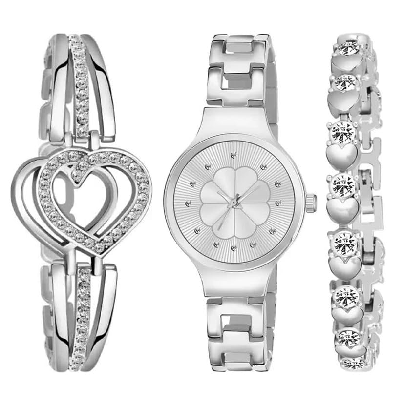 STYLEDOSE Flower Designed Round Dial Latest Coloured Metal Belt with Dimond Studded Braclets Womens & Girls Watches Combo for Women & Giirls (Silver) (B0D5DBHXH6) Amazon Price History, Amazon Price Tracker