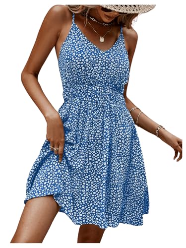 Image of SweatyRocks Women's Boho Floral Print Spaghetti Strap Cami Dress Casual Flare Short Dresses Blue Large