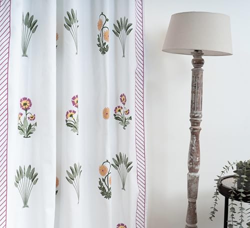 Image of Tranquebar Curtain Co. Window Curtains 5 Feet, 60-65% Room Darkening, Pink Ethnic Curtains Palms Print, Cotton Curtains for Window, Cotton Curtains 5 Feet Long Set of 2, BackTabs, Bagh (152 cm)