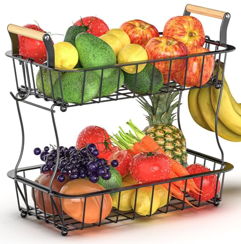 2 Tier Fruit Basket with Banana Hangers for Kitchen Counter
