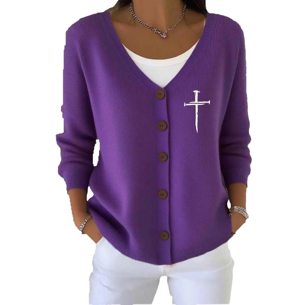 Womens V-Neck Button Down Knit Cardigan Long Sleeve Artistic Prints Solid Soft Casual Versatile Fall Winter Outerwear