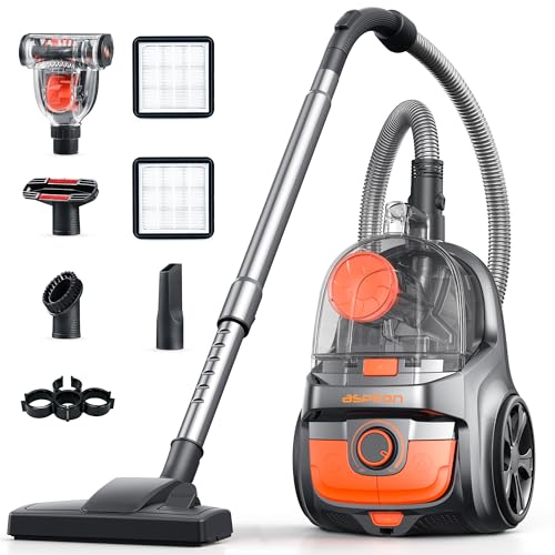 Aspiron Canister Vacuum Cleaner, 40Kpa Bagless Vacuum Cleaners, 4QT Large Dust Cup, Double HEPA Filter, Retractable Cord, 1600W Lightweight Vacuum Cleaner with 5 Tools for Hard Floors, Orange