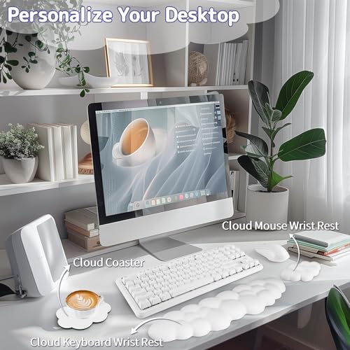 Image of Sushret Cloud Wrist Rest Keyboard, Cloud Keyboard Wrist Pad Set with PU Leather Memory Foam, Cute Arm Rest for Palm Support, PC /Gaming Desk Accessories /Office Setup /Computer Hand Cushion - White