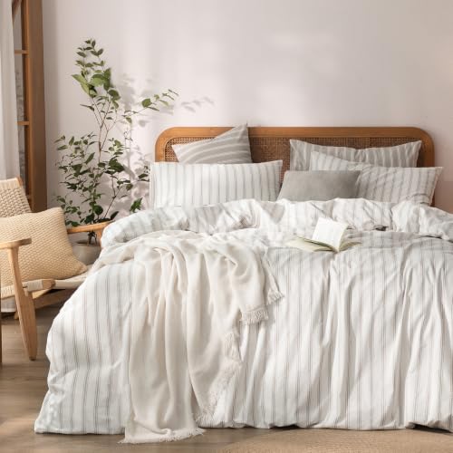 Image of BESTOUCH Duvet Cover Set 100% Washed Cotton Linen Feel Super Soft Comfortable Chic Lightweight 3 PCs Home Bedding Set White & Linen Grey Stripes Twin