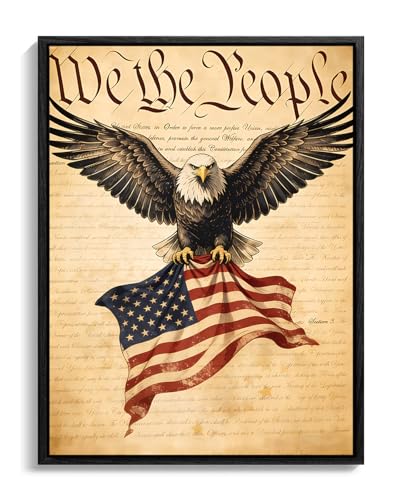 Image of American Flag Framed Canvas Wall Art, 4th of July Red White Blue Canvas Prints, USA Flag with Bald Eagle Patriotic Decorations, Vintage Independence Day Wall Decor for Bedroom Living Room 11x14