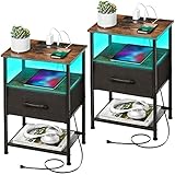 LAKEMID Nightstands Set of 2 with Charging Station and Drawer, End Table Bedside Table with 20 Color