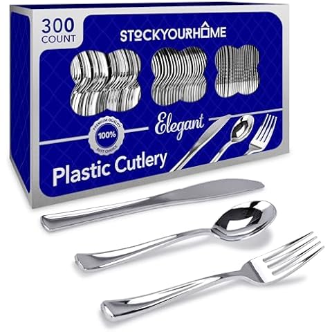 Stock Your Home Silver Plastic Cutlery Set 300 Pack Disposable Silverware Heavy Duty Plastic 100 Forks, 100 Knives, 100 Spoons for Catering Events, Parties, Dinners, Weddings, Receptions, Everyday Use Cover