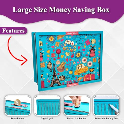 Image of Sketchfab Money Saving Box for Adult 100000, Wooden with Savings Tracker Bank Kids, Smart Piggy Bank, Box, Coin Box,Gullak Saver,Piggy Rs100000 Home Deal Gift Man, Women (Printed Blue)