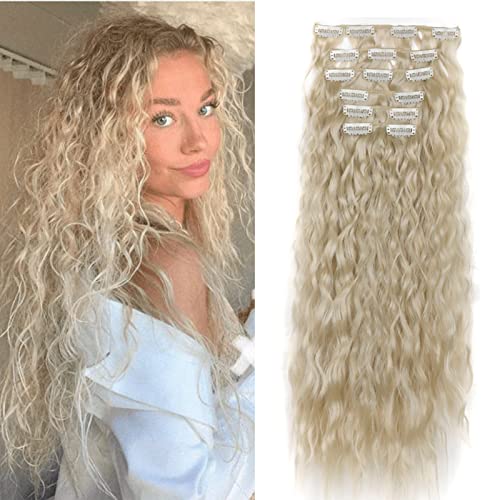 Gairyan Extension a Clip Cheveux Naturel Bouclée 50cm 6PCS Extension de Cheveux à Clips Rajout Cheveux Synthétique Postiche Cheveux Long Extensions de Cheveux Ondulés - Blond Platine