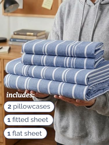 Image of Twin XL 4 Piece Sheet Set - College Dorm Room Essentials - Blue Stripes | Ultra Soft Dorm Bedding Set, 8 inch to 16 inch Inch Deep Pockets, 1 Flat & 1 Fitted Sheet & 2 Pillowcases, Wrinkle & Fade Free