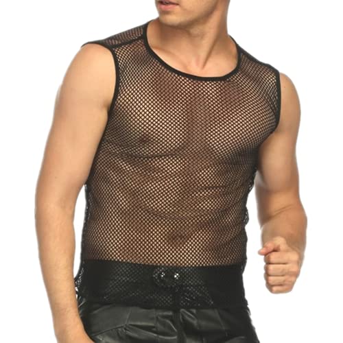 ROSVAJFY Camiseta de tirantes sexy de malla para hombre, camiseta de punto transparente, sin mangas, chaleco de muscular, transpirable, elástico, para hombre, chaleco para ropa interior, Red pequeña,