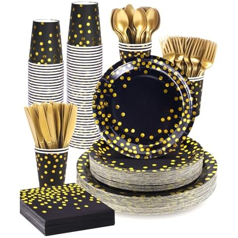 Lzerking 364 PCS Black and Gold Party Supplies, 52 Sets of Disposable Dinnerware Includes Paper Plates Cups Napkins, Plastic Knives Forks Spoons, Ideal for Birthday Graduation Wedding Festivals Cover